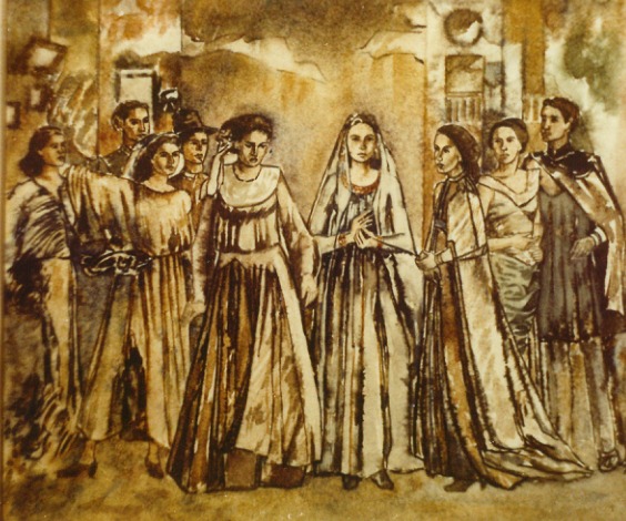 Grup de figuri feminine în veșminte lungi, desenate în tușuri sepia, în fața unei arhitecturi schițate.